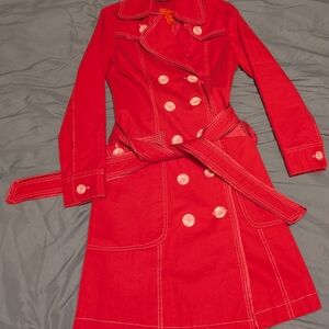 ⭐ BCBG Max Azria Red Double-Breasted Trench Coat with Belt – Size M- Fits S